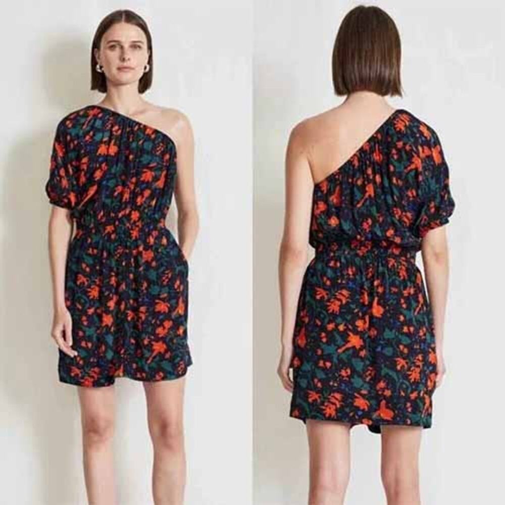 NWT Apiece Apart Palma One Shoulder Puff Sleeve Floral Mini Dress Multi Color